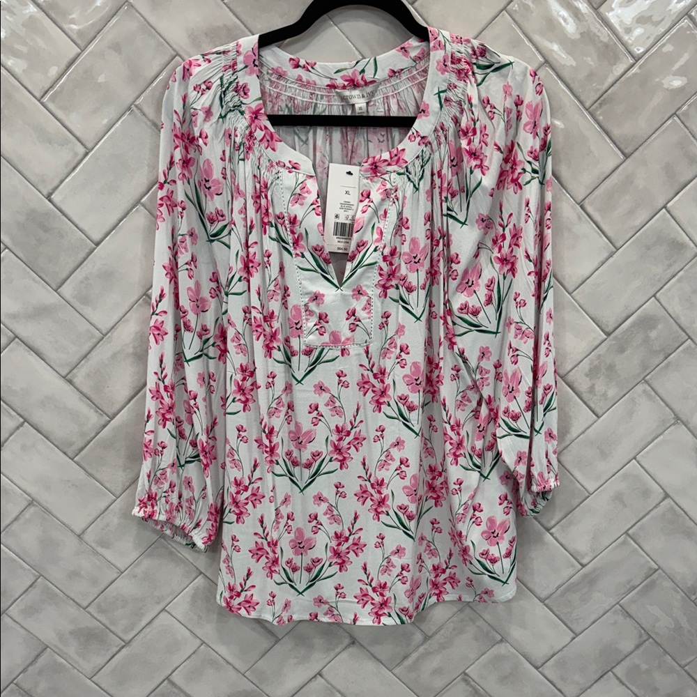 Crown Vintage White Blouse with Pink Floral Print